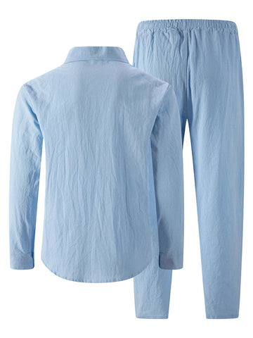 AIDASE  -  Trendy Solid Color Linen Sets Mens Long Sleeve Buttoned Lapel Shirt And Pants Linen Two Pieces Suits Autumn Men's Casual Outfits aidase-shop